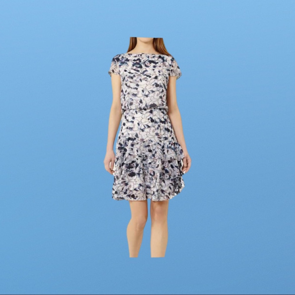 Reiss Size 4 Blue, Cream and Grey Short Sleeve Tiered Dress